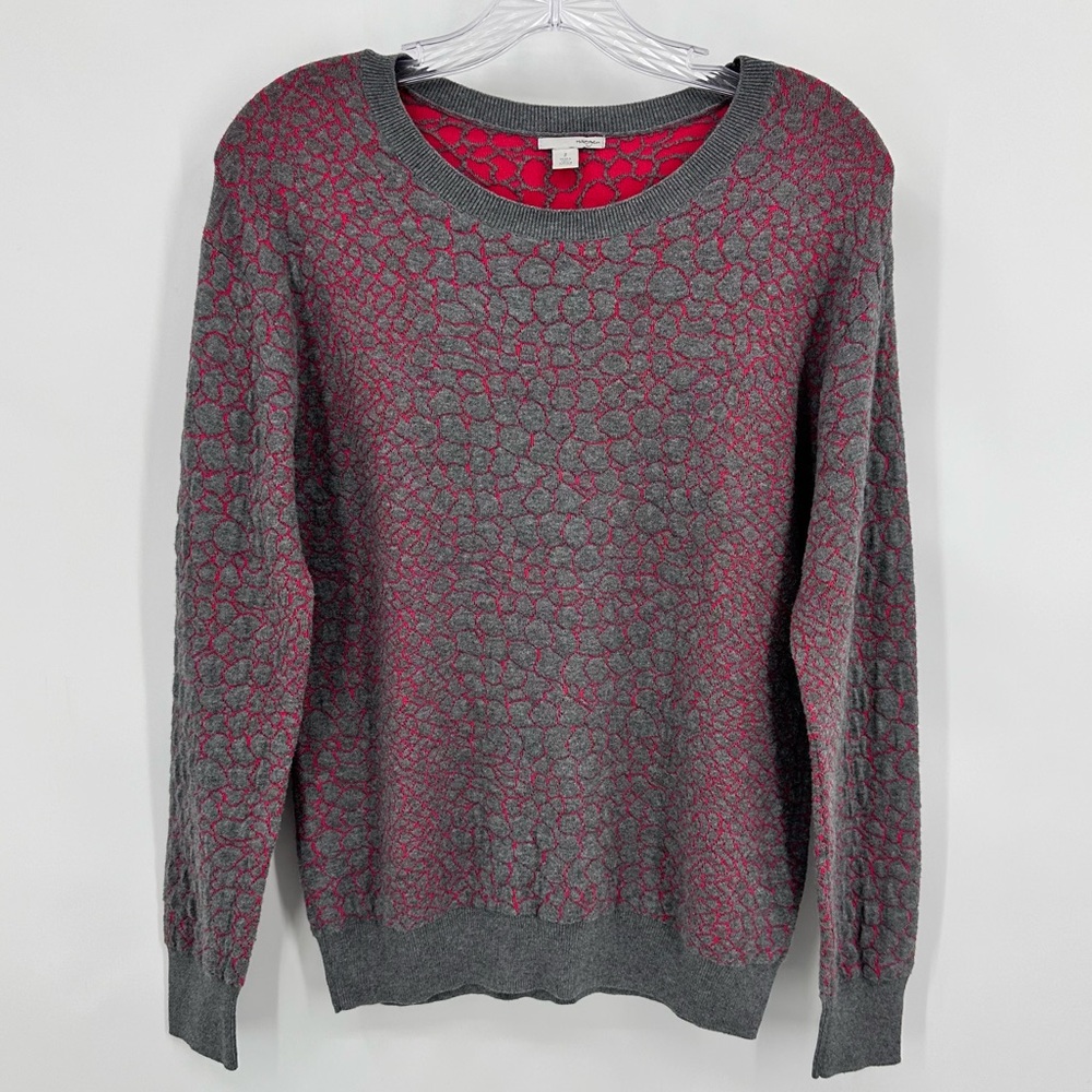 Halogen Crewneck Sweater Animal Print Pullover Cotton Blend Gray Pink Size S